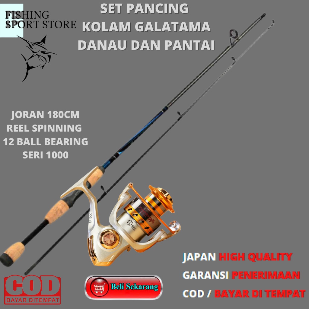 Set Pancing Joran+Reel Alat Mancing STIK Sambung 180CM Carbon Rel Spinning EF1000 12 BB