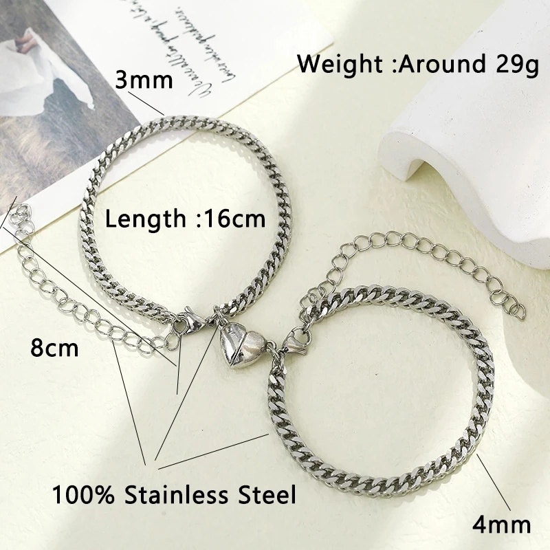 2pcs / Set Gelang Magnetik Bahan Stainless Steel Bentuk Hati Untuk Pasangan