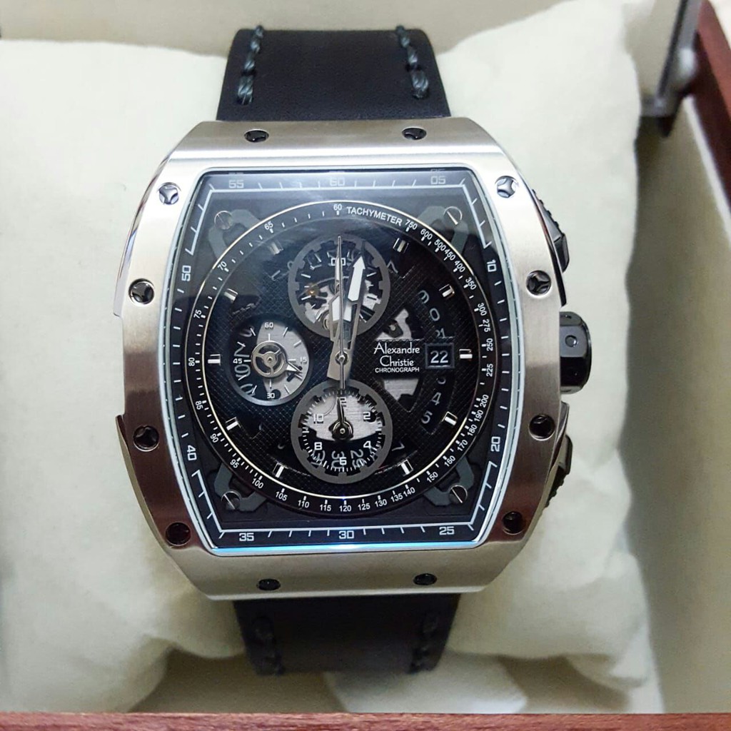 Alexandre Christie Original AC6411 -Jam Tangan Pria-Kulit Black Silver
