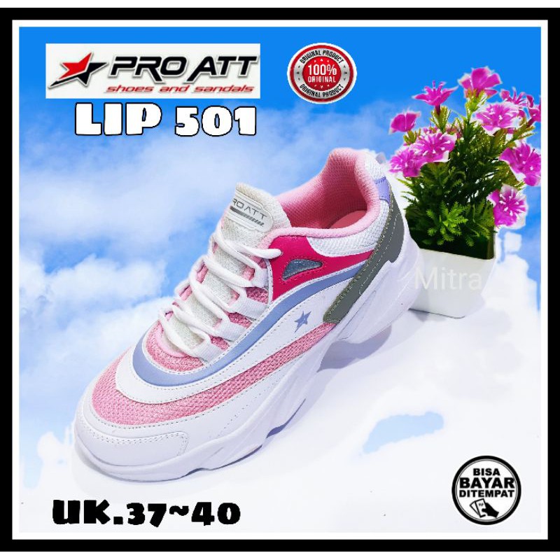 Sepatu Wanita Cewek Olahraga Sport Running Kekinian Pro Att Lip 501 Original White Size 37 s/d 40 Murah Berkualitas - Putih - Cod-Putih Merah Muda