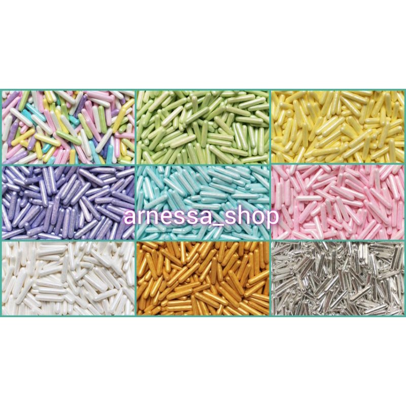 Sprinkle meses besar 100gr halal edible gula dekor mesis panjang gold silver hijau biru pink white yellow purple spikel kiloan import sprinkel trimit