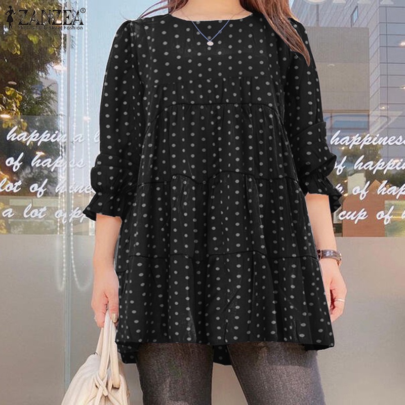 ZANZEA Women Long Sleeve Polka Dot Printing Casual Round Neck Blouse