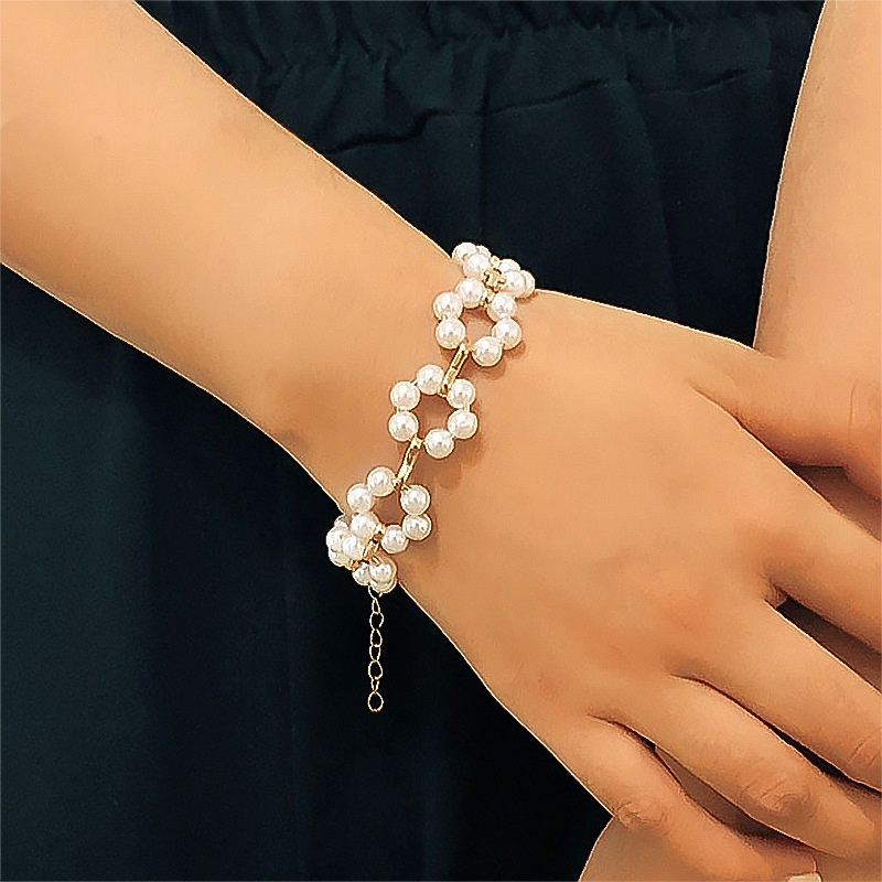 Ins Woven Pearl Gelang Wanita Sederhana Geometris Manik-manik Multi-Lapisan Bunga Perhiasan