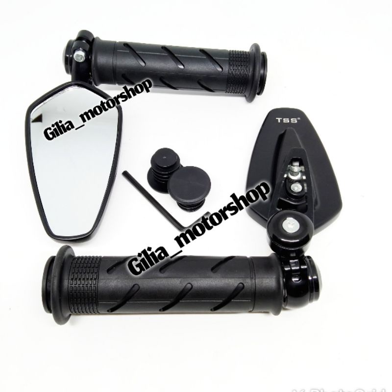 (Paket) Spion Jalu Oval Mirror Putih Plus Handgrip Handfat Garis Black Edition Universal Motor