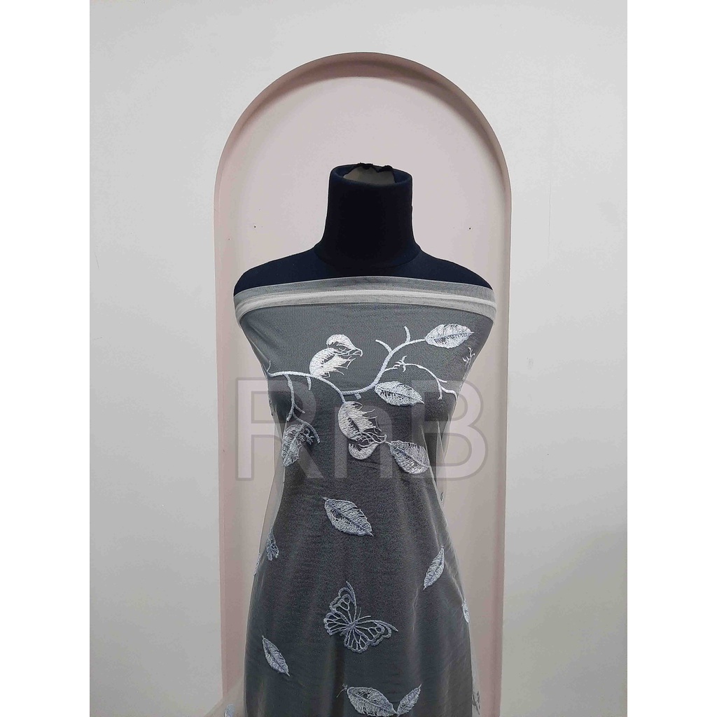Bahan Kain Tulle / Tille Bordir Motif Daun Kupu - Kupu Premium