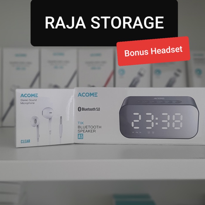 Acome A5 Speaker Bluetooth 5.0 Jam Alarm LED Display Ultra Bass - Bonus Headset