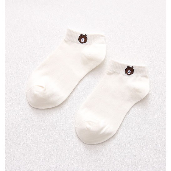 SAO - K351 Kaos Kaki Brown / Kaos Kaki Ankle Cute / Socks / Kaos Kaki Line Beruang Brown Unisex-Putih