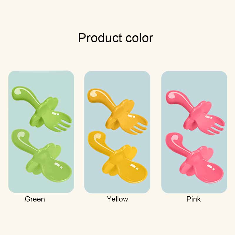 Prettygood2Pcs/set Sendok + Garpu Bayi Gagang Pendek Untuk Bayi / Alat Makan Bayi / Sendok Dan Garpu Bayi -PD