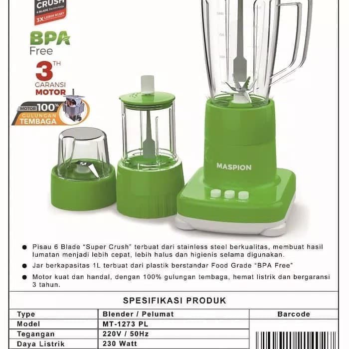 Blender Plastik Maspion MT 1273PL Kapasitas 1 Liter 3 Fungsi