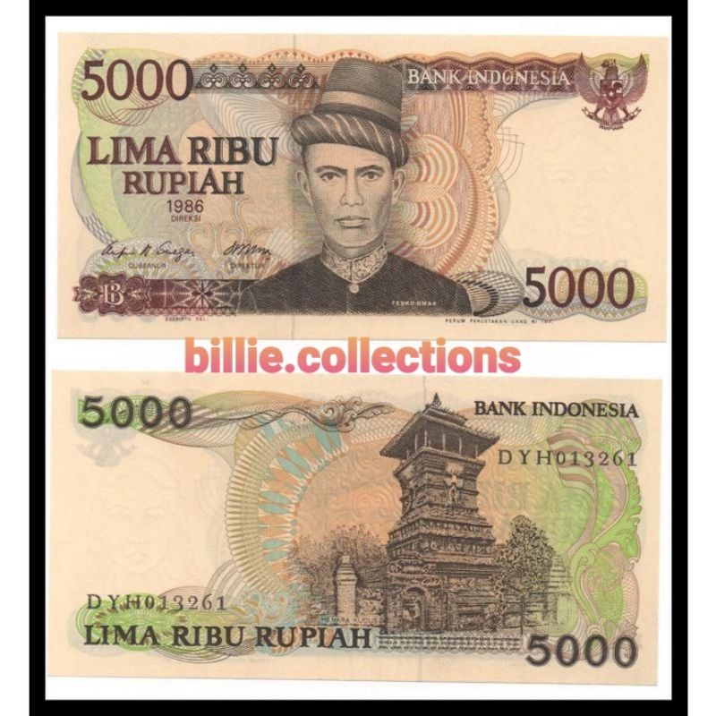 uang kertas kuno 5000 rupiah teuku umar tahun 1986 UNC