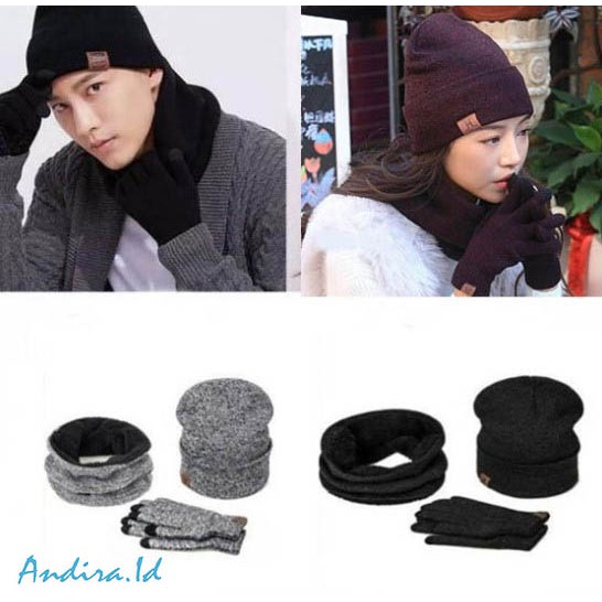 Set 3Pcs Topi Kupluk Hangat+Syal+Sarung Tangan untuk Winter Musim Dingin