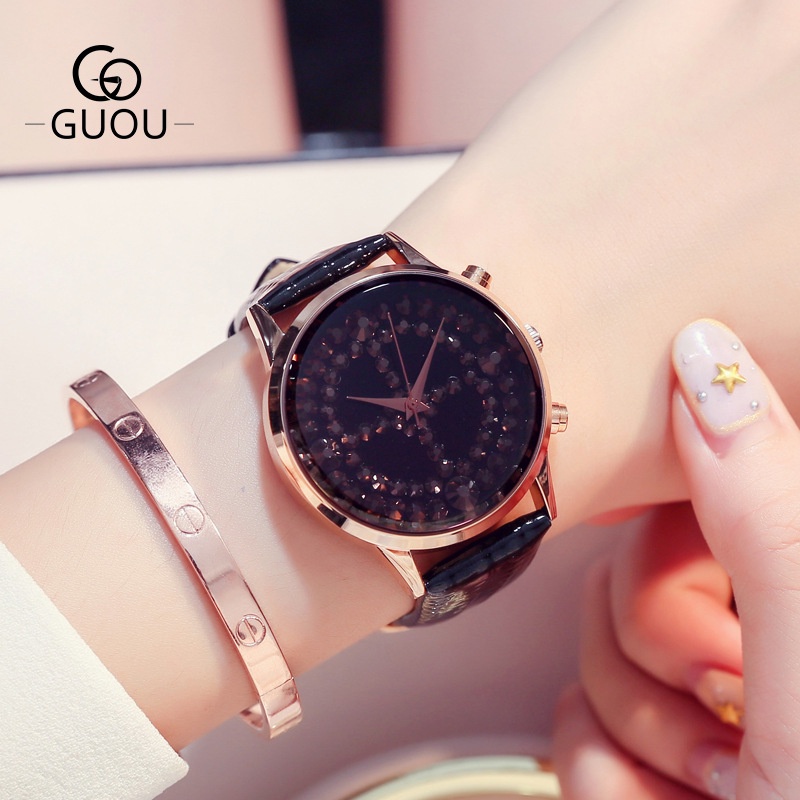 GUOU 2022 Baru Fashion Wanita Jam Kuarsa Kepribadian Berlian Imitasi Besar Dial Temperamen Gadis Belt Watch