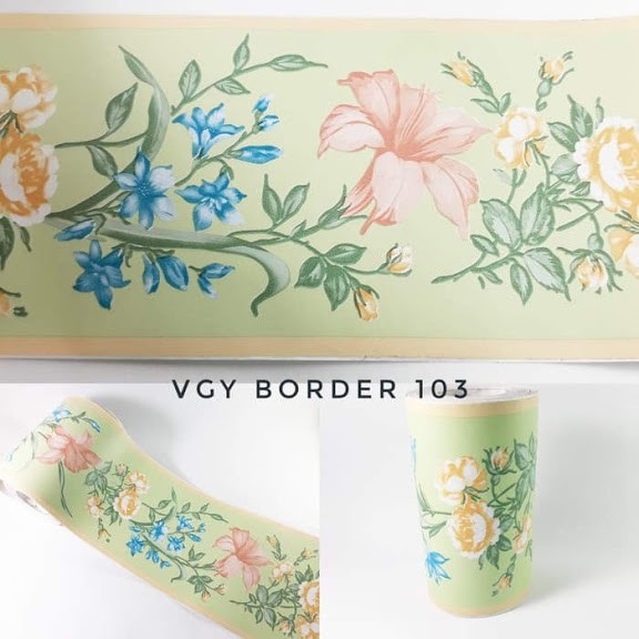 Wallpaper list border gorsir murah meriah hijau garis kuning bunga