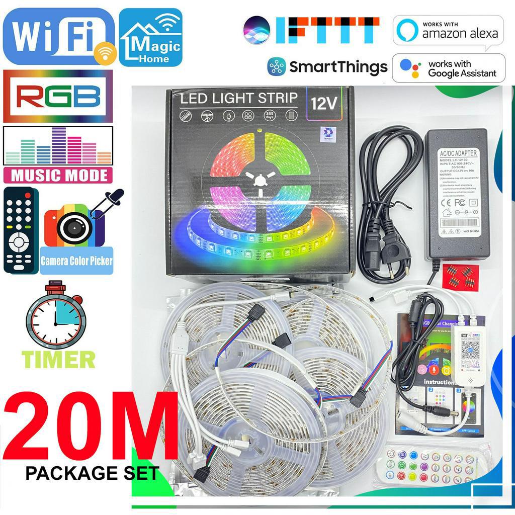 LED Strip 20 Meter RGB 5050 TRIPLEDI Lampu Hias Dekorasi Plafon Rumah 600 LEDs 1200 LEDs Bluetooth Alexa Google Home Assistant Wifi Voice Control Lampu Kamar Aesthetic Smart Lighting