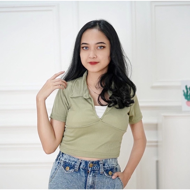 Tq88indonesia Fashion Blouse  Crop Kerah Terbaru / ESTRELLA CROP TOP KAOS PENDEK WANITA / Baju Kerah Wanita Kekinian / Blouse Lengan Pendek / Baju Atasan  Crop Wanita  / Ootd / Baju Santai Cewek / Baju Crop Wanita