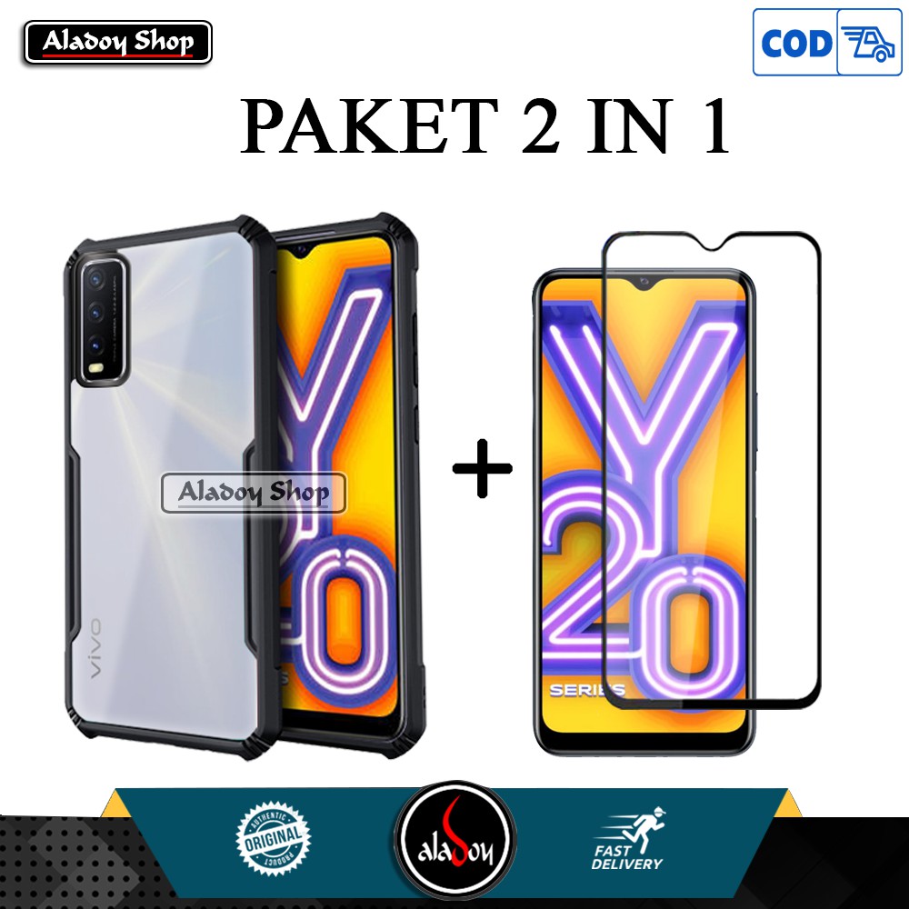 Case VIVO Y20 New Casing Armor Transparent Premium Hard Case + Tempered Glass Full Layar