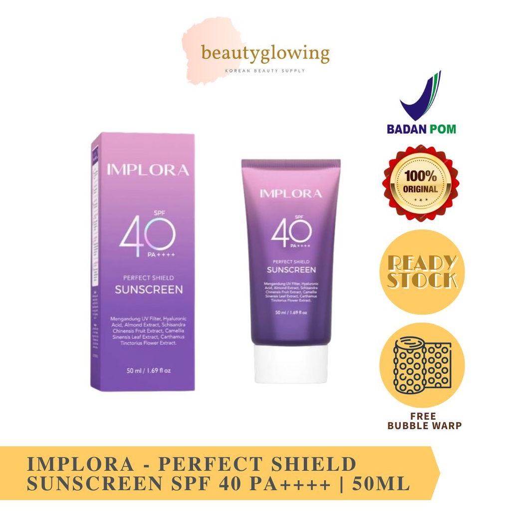 IMPLORA SUNSCREEN PERFECT SHIELD SUNSCREEN SPF40 PA++++ membantu melindungi kulit dari efek buruk paparan sinar UV, dapat melembabkan dan membuat kulit tampak lebih cerah alami | Mmebantu melindungi kulit dari redness &amp; sunburn atau kulit kemerahan/gosong