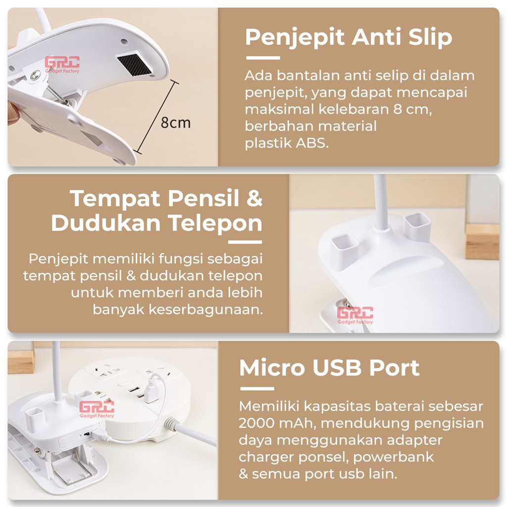 Lampu Meja Belajar Jepit Flexible Rechargeable Lampu Baca Meja Kerja