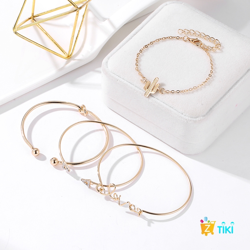 COD（TiKi）4Pcs/Set Gelang Women Gilr Gold Triangle Knot Love Cactus Opening Bangle Chain Bracelet-3