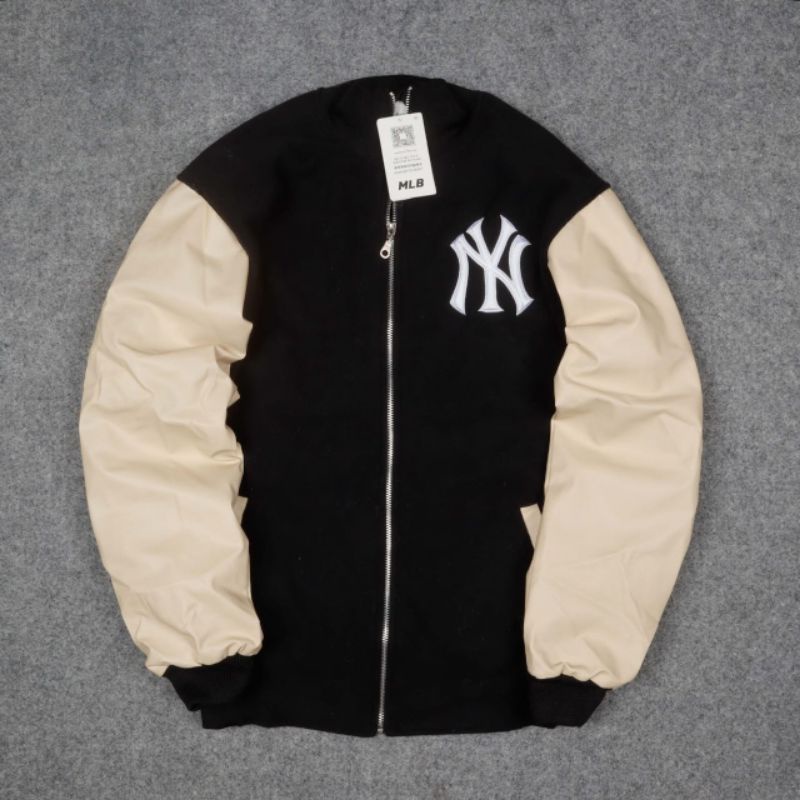 JAKET VARSITY ZIPPER NY MLB COMBINASI HITAM&amp;CREAM FULLTAG &amp; LEBEL