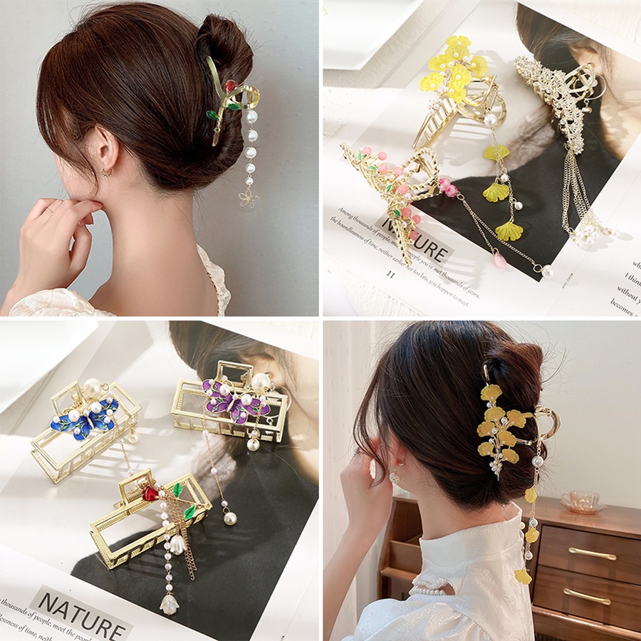 Aksesoris Jepit Rambut Ponytail Bahan Logam Aksen Mutiara Berlian Imitasi Gaya Korea Retro Untuk Wanita