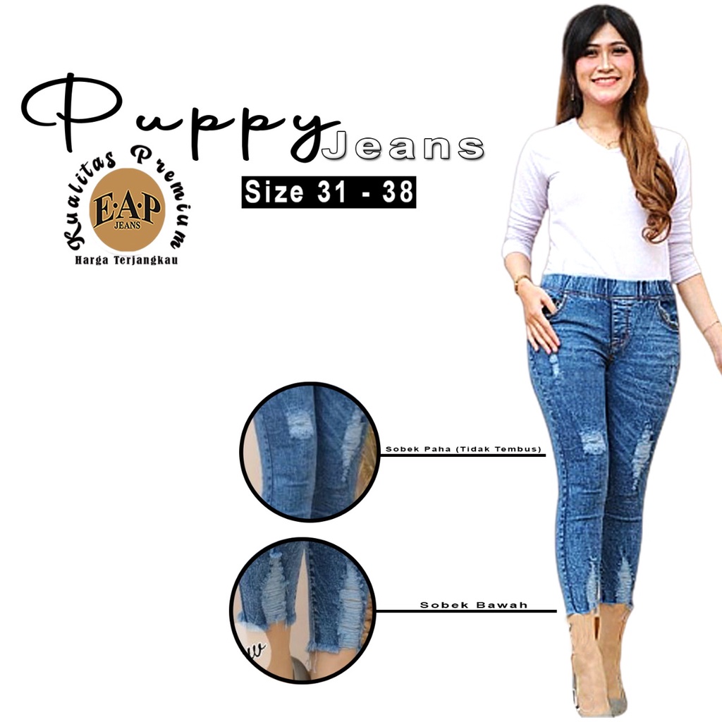 Celana Jeans Wanita Pinggang Karet PUPPY Sobek Tidak Tembus Kekinian 2021