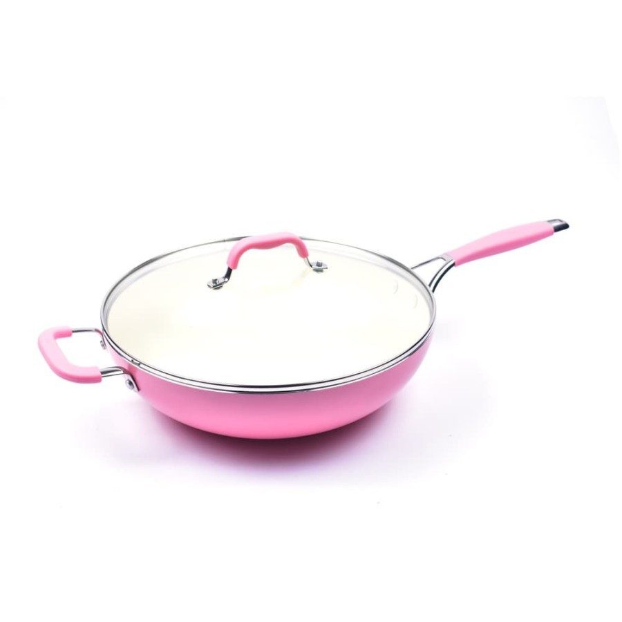 Greenpan York Pink Cream White Cvd Wok with Helper Handle 32 cm | Ceramic Pan | Wok Pan Ceramic