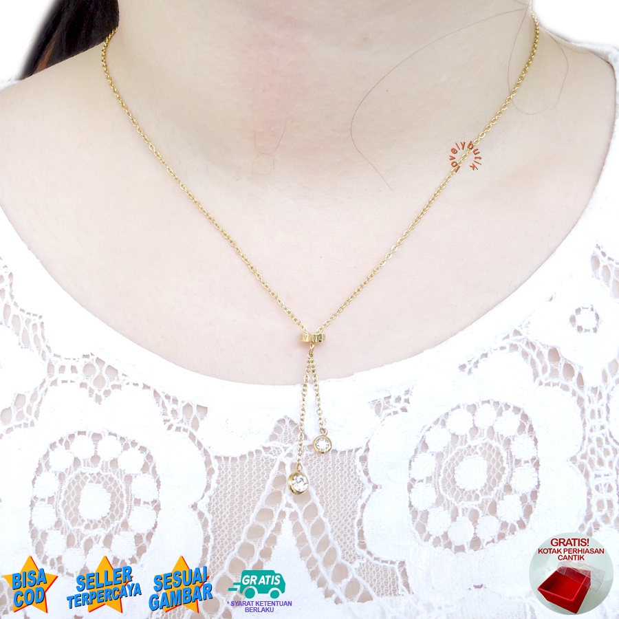 Lovelybutik Kalung Titanium Anti Karat Lapis Emas Marin4 Kalung Wanita Titanium Model Liontin Jurai Permata  BONUS TEMPAT PERHIASAN