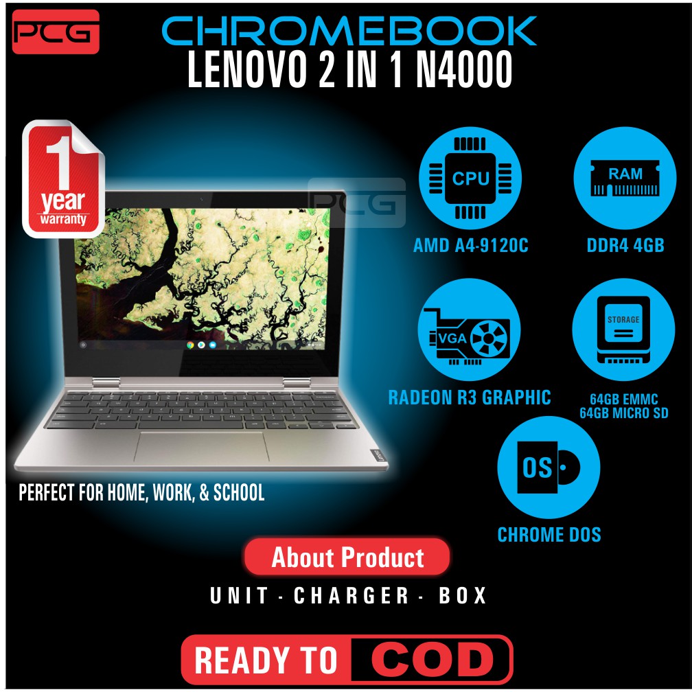 LAPTOP NOTEBOOK CHROMEBOOK LENOVO 2IN1 TOUCH N4000 RAM 4GB 128GB LEPTOP GAMING EDITING RINGAN MURAH