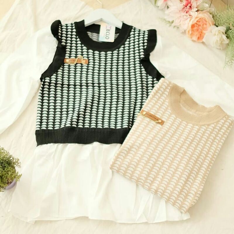 Azzifa Korean Knitt-Blouse mix vest-Atasan rompi-Baju wanita