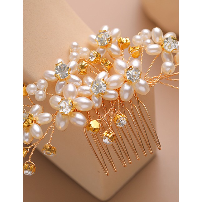 LRC Aksesoris Rambut Fashion Gold Pearl-studded Hair Comb F77666