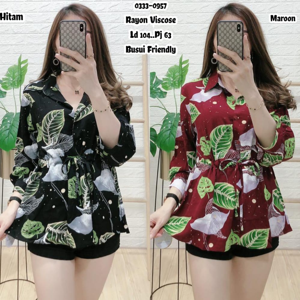 Atasan blouse rayon 7/8 motif daun bercak
