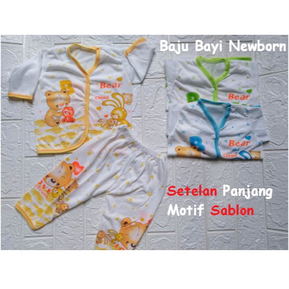 3pc Baju Bayi Newborn Setelan PANJANG Kancing Depan Motif Sablon Warna