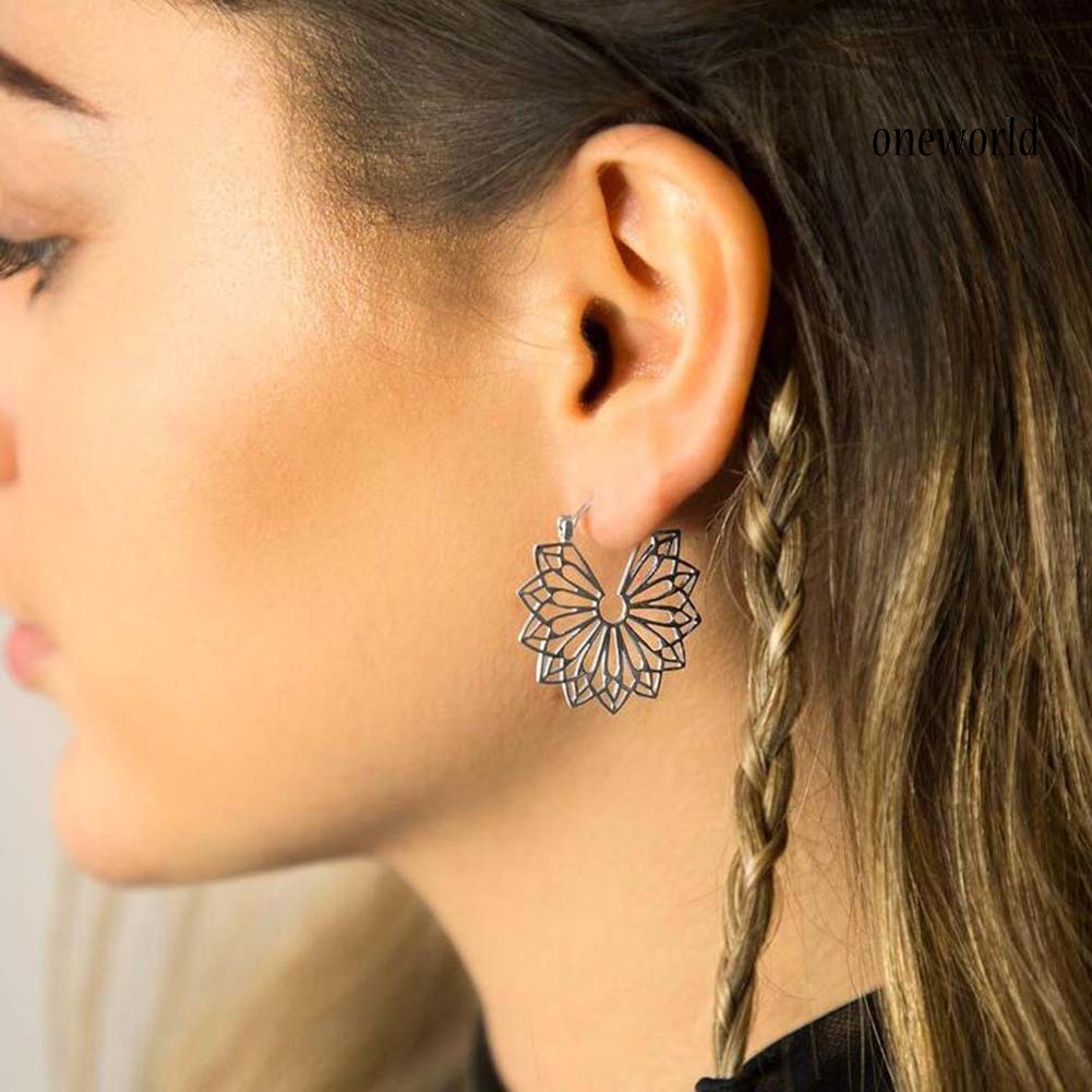 OW@ Bohemian Women Hollow Flower Honeycomb Filigree Hoop Earrings Retro Jewelry Gift