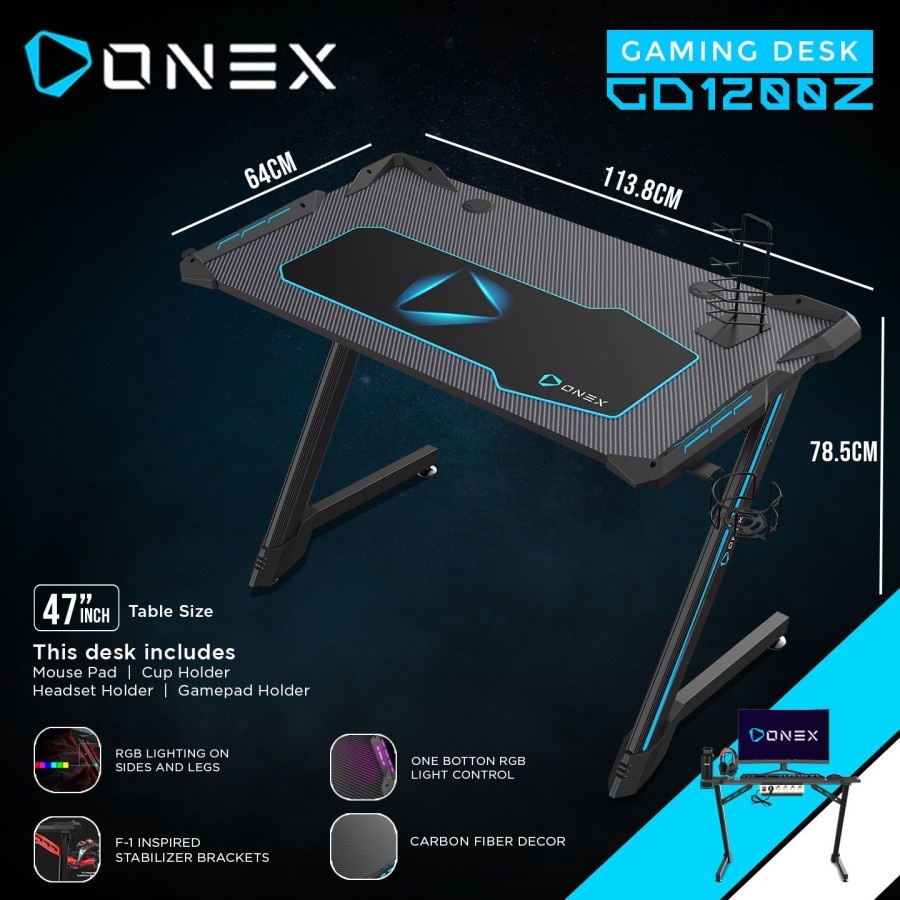 ONEX GD1200Z-RGB Meja Gaming Desk 47&quot;, Mousepad Cover, Holder, Rack