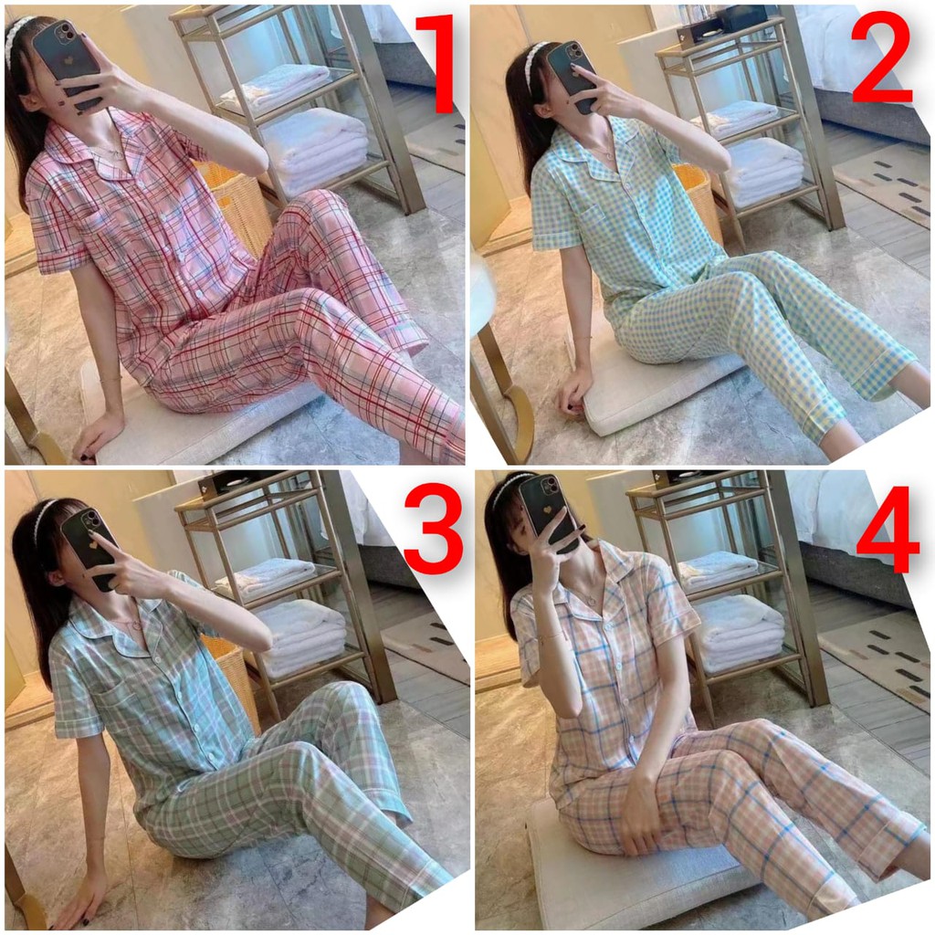 BAJU TIDUR PIYAMA WANITA CP SPANDEX KOTAK IMPORT BERKUALITAS MOTIF KRA KANCING LENGAN PANJANG SETELAN CELANA PANJANG WARNA PASTEL CERAH SIZE L-XXL FIT TO 75KG