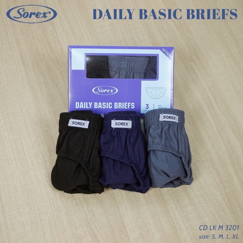 ( 1 Kotak isi 3 Pcs ) Sorex Cd Men Daily Basic Briefs Cd Lk M 3201 - CD COWOK MAN SOREX BAHAN KATUN 