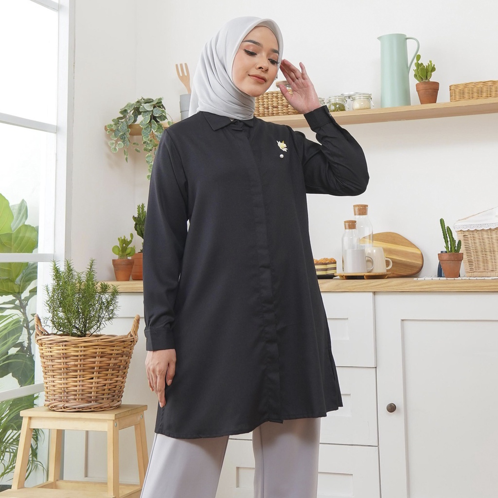 Wulfi Atasan Kemeja Tunik Hitam Day To Day Katun Cotton Madinah Black Kerja Santai Lengan Panjang