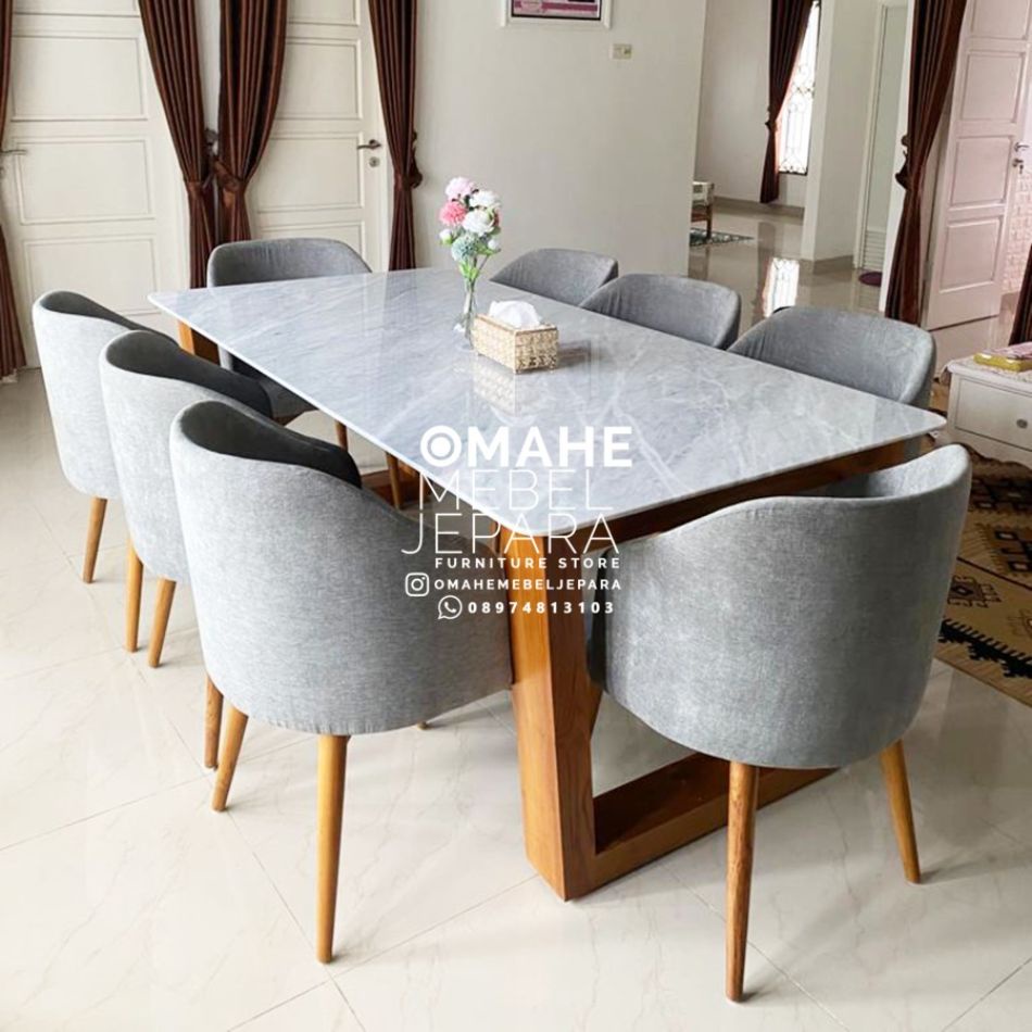 Meja makan marmer minimalis 8 kursi