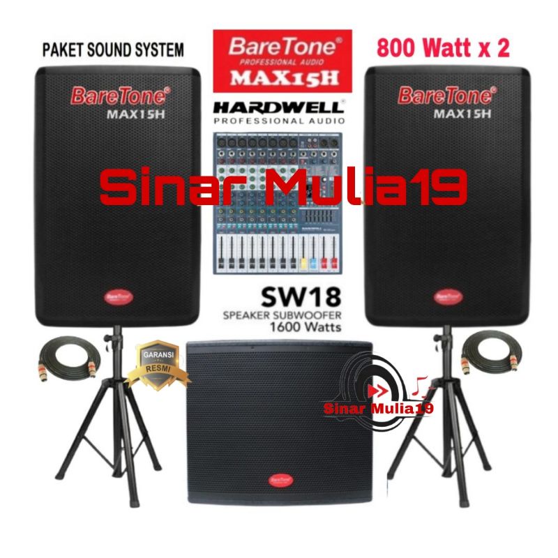 PAKET SOUND SYSTEM BARETONE MAX15H 2X800 WATT SUBWOOFER BARETONE SW18 MIXER HARDWELL MX-800PRO