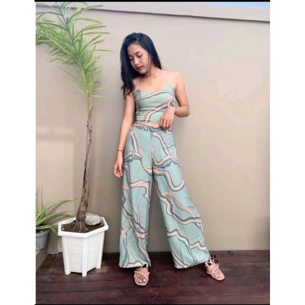 ONE SET KULOT PATTERN // SETELAN TANKTOP FLOWERY-Hijau vanesa