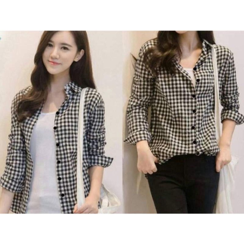 kemeja cewek kotak yuka / atasan kotak lengan panjang