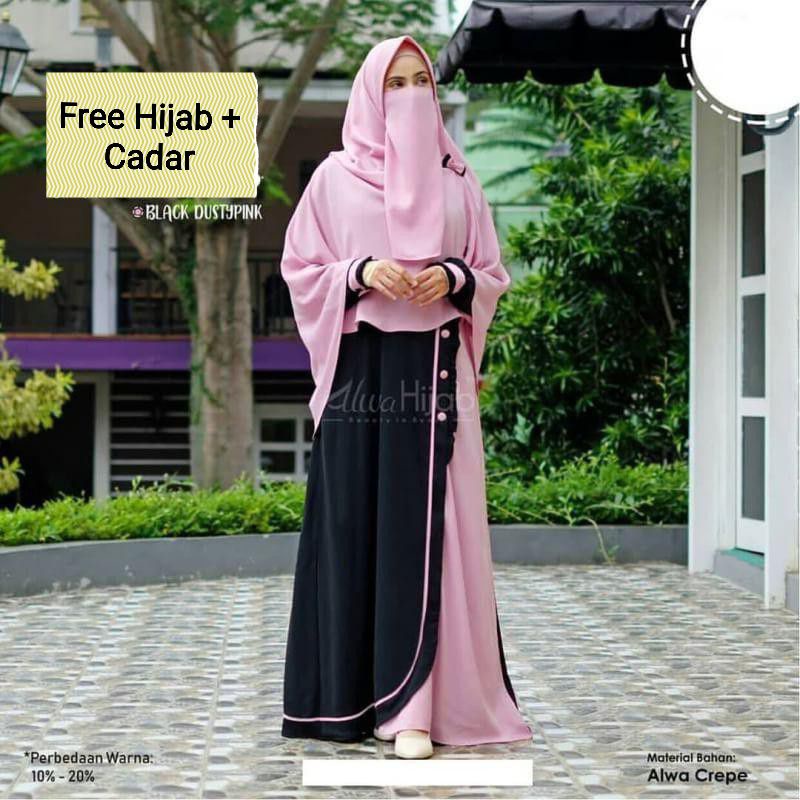 Baju Dress Gamis Syari Wanita Muslim Busui Free Plus Khimar Hijab Jilbab + Cadar AMOIRA SYARI DRESS Warna Polos Kombinasi Kombi Combi Hitam Black Pink Muda