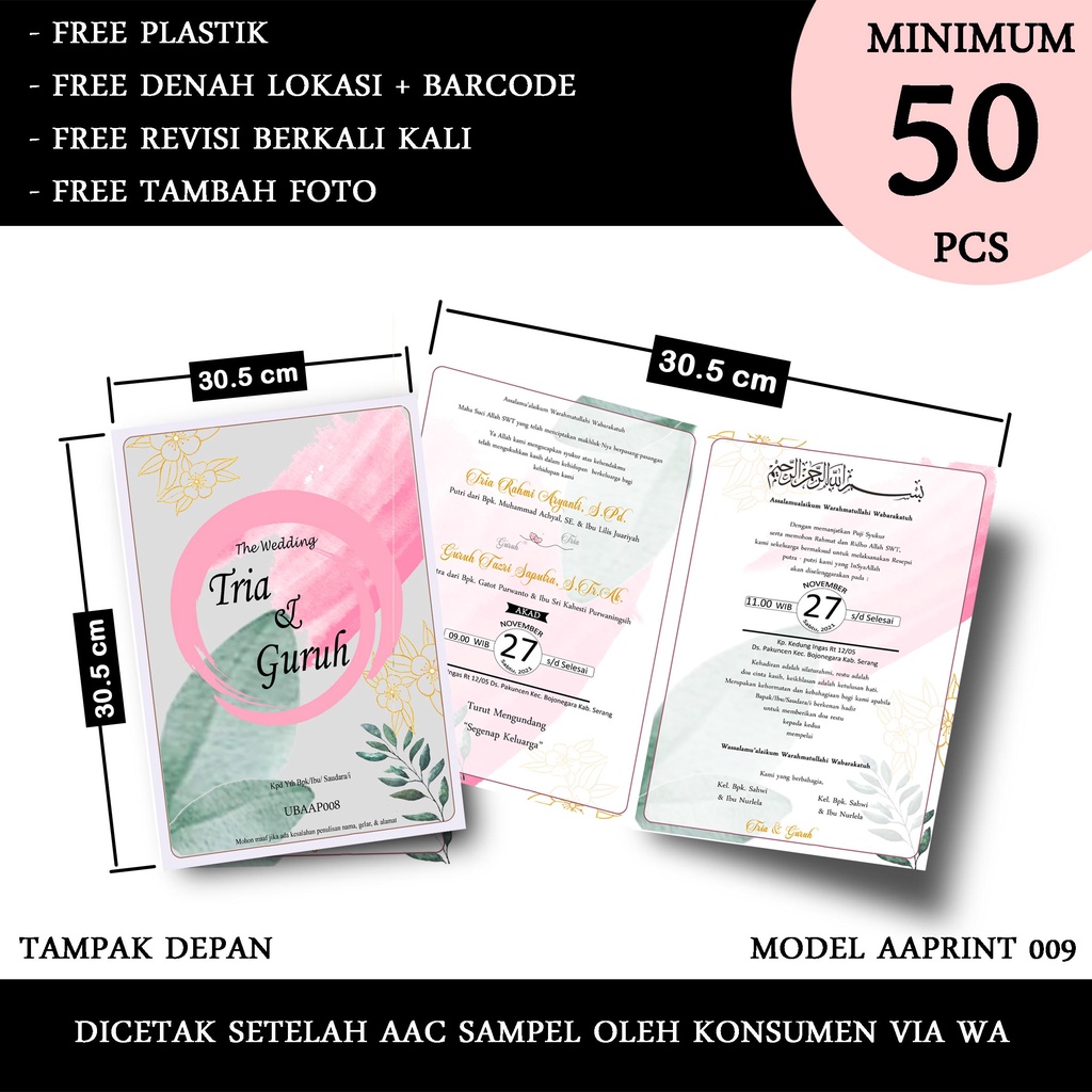 CETAK UNDANGAN  PERNIKAHAN UBAAP009 GLOSSY free plstk+label107+denah lokasi nikah pernikahan wedding
