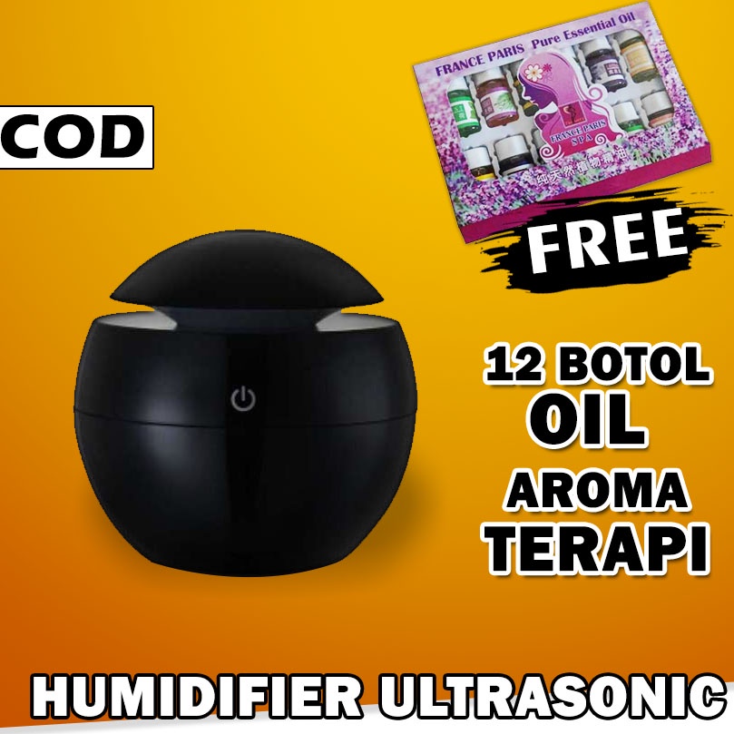 Humidifier Diffuser Aromaterapi Essential Oil Aromatherapy Disfuser Ultrasonic Pelembab Udara Pengharum Ruangan-Bulat - Hitam