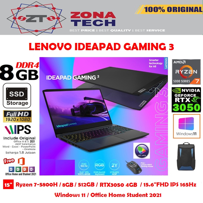 LENOVO IDEAPAD GAMING 3 - RYZEN 7-5800H - 8GB -512GB SSD - RTX3050 4GB - 15.6&quot;FHD IPS 165Hz - WIN11 - OHS