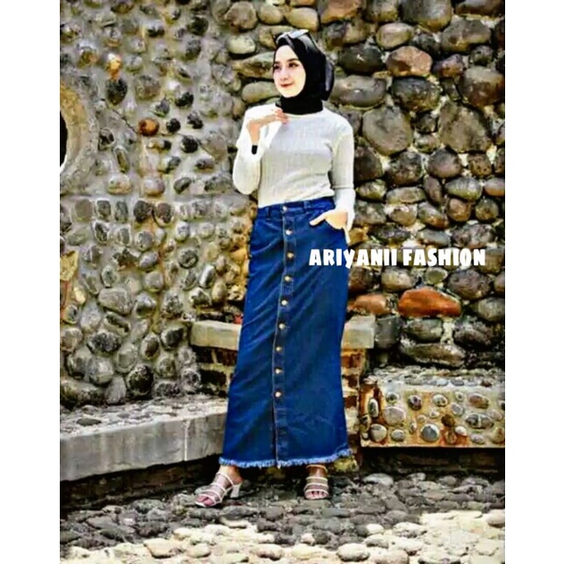 JEANS WANITA ROK BUTTON SKIRT // SPAN CEWEK // ROK DENIM PANJANG MURAH //  KANCING DEPAN Sepan