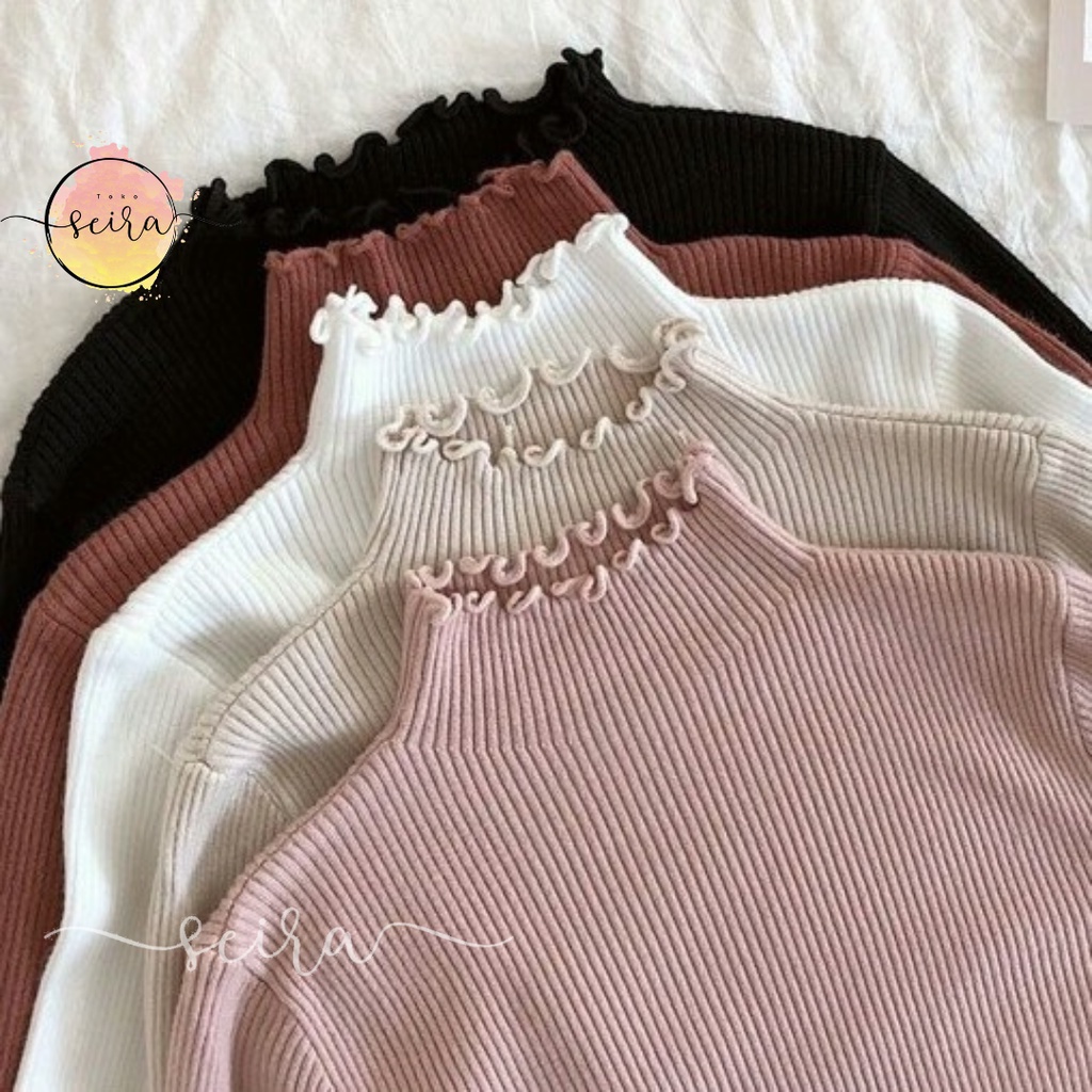 [BISA COD] Daisy Curly Turtleneck / Atasan Turtleneck Kriwil Lengan Panjang / Sweater Rajut Cewek Strech Body Fit / Sweater Kriwil / Turtle Neck Kriwil / Turtleneck Buntung Kriwil