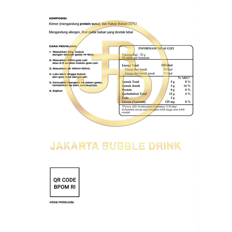 Bubuk Minuman Premium DARK CHOCOLATE -Jakarta Bubble Drink | BPOM&amp;HALAL