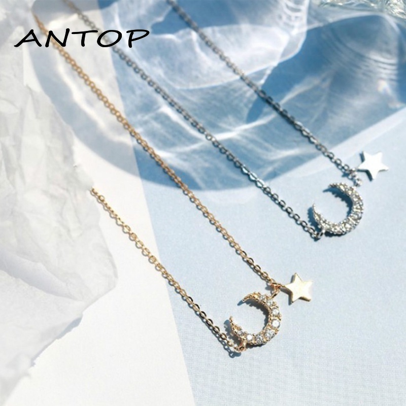 Kalung Rantai Sterling Silver Dengan Liontin Bulan + Bintang Untuk Wanita ANTOP